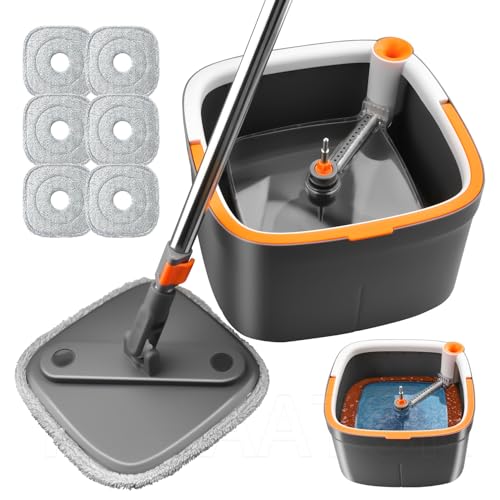 Spin Mop and Bucket Set with Self Separation Dirty and Clean Water System with 6pads, Square Mop Bucket Self Wringing 360° Rotating Clean Floor Mop-Head for Hardwood Tile Marble Floors-6Pads