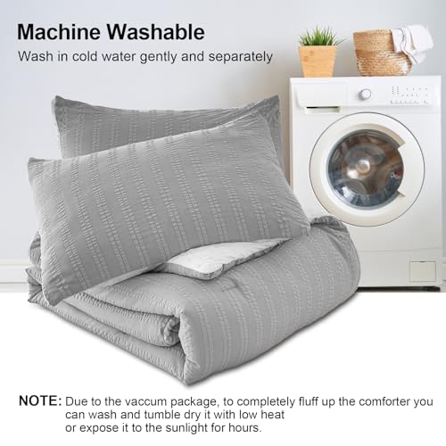 Image of tohrisa Boho Comforter Set King Size Striped Pleats Bohemian Seersucker Bedding Set All Season Soft Cozy 3 Pieces Quilt with 2 Pillowcases(104 inchX90 inch Grey)