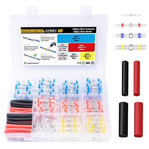 350PCS Solder Seal Wire Connectors, Sanuke Butt Splice Waterproof Insulated Electrical Wire Terminal with 60PCS Heat Shrink Butt Connectors