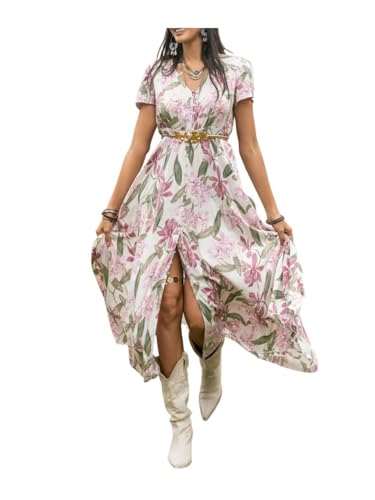 Image of SGF11 Floral Summer Dresses for Women 2026 Design Boho V Neck Short Sleeve Slit Maxi Dress Wear Casual