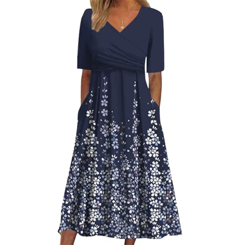 Women Summer Dresses Blue Striped 3/4 Sleeve Midi Dress with Side Pockets Casual Pleated Round Neck Dress