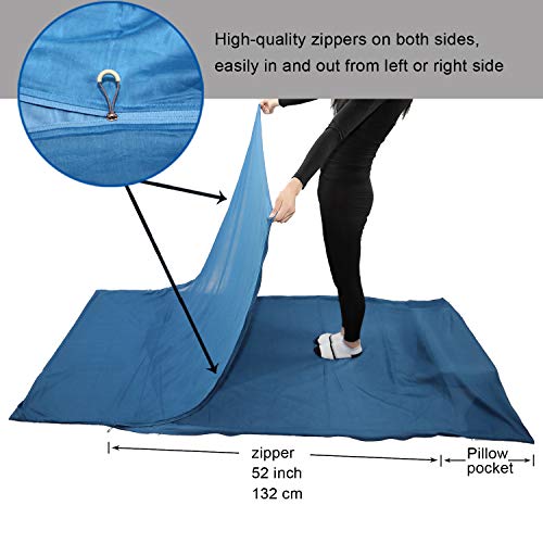 Browint Silk/Cotton Travel Sheet With Double Zippers, 87"X43" Extra Wide Sleep Sheet With Pillow Pocket For Hotel, Lightweight Sleeping Bag Liner For Camping, Sack, Traveler Rectangular #TOP1