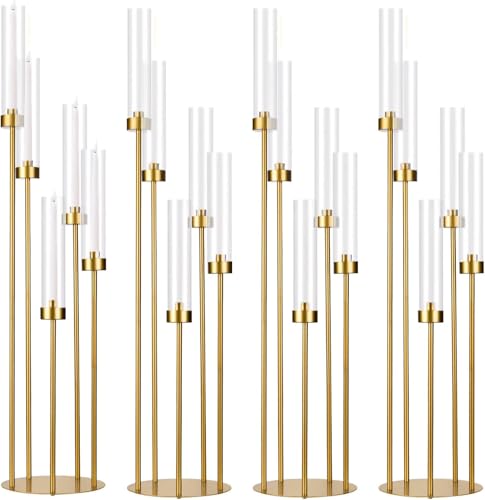 MYOYAY 4 Set Floor Candelabra 5 Arm 41.7 Tall Candle Holder Candelabra Centerpieces for Tables Metal Candlestick Set with Acrylic Lampshade for Wedding Party Home Decoration (Gold)