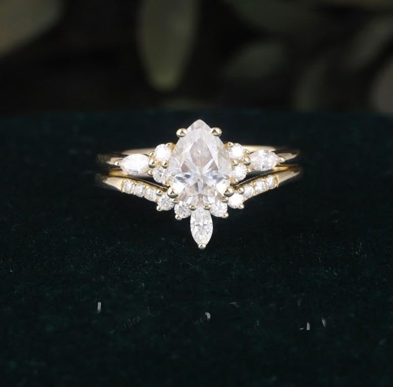 Elegant pear shape white diamond engagement ring set 2 pcs anniversary ring set 14k rose gold ring unique womens ring bridal set4