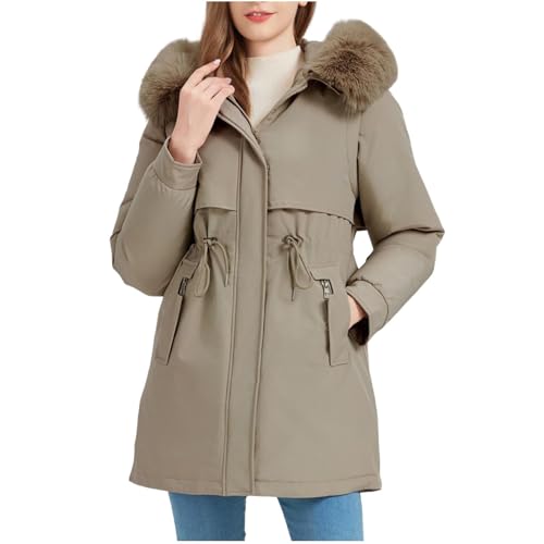 Parka de manga desmontable para mujer, forro polar, gruesa, mullida, con capucha, bolsillo con cremallera, chaqueta cálida de invierno para exteriores, 2 caqui, XL