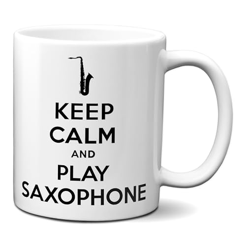 Imagen de Planetacase Taza Keep Calm and Play Saxophone Regalo para Músico Cerámica 330mL Apta para Microondas y Lavavajillas Diseño Original