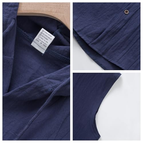 Camisetas sin Mangas con Capucha para Hombre de Lino con Botones Casuales 5