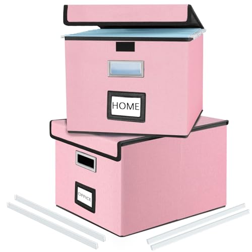 Huolewa Collapsible File Storage Organizer Boxes with Lids, Linen Document Storage, Universal Hanging Filing Organization Boxes for Letter/Legal, Decorative Office/Home File Bins – Boxes Only(2 Pack)