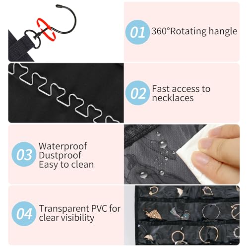 Bloss Hanging Jewelry Organizer with 48 Pockets, Double-Size Hanging Jewelry Holder with Hanger Hooks, Jewelry Organizers and Storage for Earrings, Necklaces and Rings.(All Black) by Bloss - Image 3