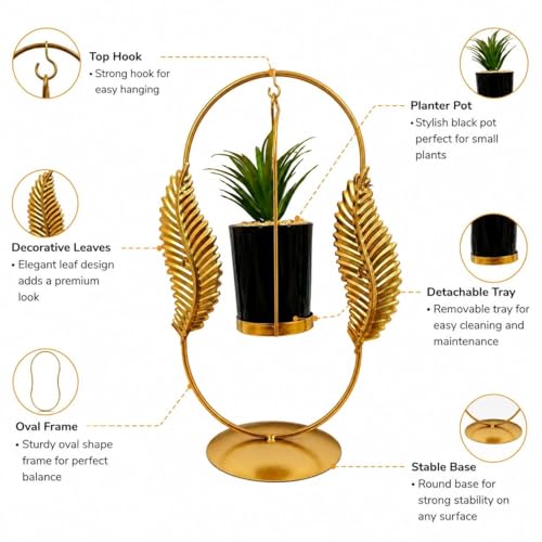 Image of Luxury Golden Metal Hanging Planter Stand with Decorative Leaf Design & Black Pot | Modern Tabletop Plant Holder for Home Decor, Living Room, Office & Balcony