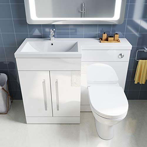 Image of ELEGANT Left Hand High Gloss White Vanity Unit & Back to Wall Toilet Unit with Square Toilet & Basin (White, 1100mm D Shape Left Hand Vanity Unit)