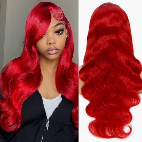 Image of Red Lace Front Wigs Human Hair 13x4 HD Transparent Body Wave Human Hair Lace Front Wig Pre Plucked Red Colored Glueless Human Hair Lace Frontal Wigs for Women 20 Inch