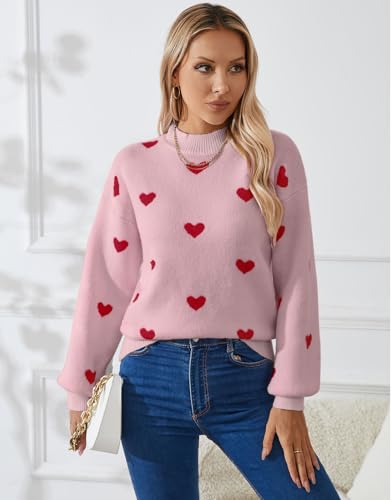 Image of Women's Long Sleeve Mock Neck Sweaters Loose Cute Heart Pullover Sweater