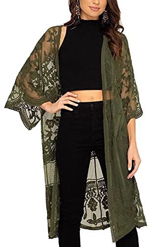Kimono de encaje verde estilo cárdigan largo calado con caída ligera fluida 3