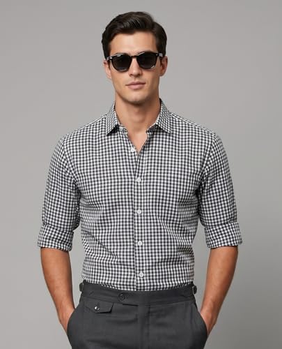 Image of Afflatus Men's Classic Gingham Check Slim Fit Button-Down Dress Shirt for Man | Long Sleeve Cotton Casual Formal Wear | Plaid Checkered Shirt for Men | Business Casual Office Wear