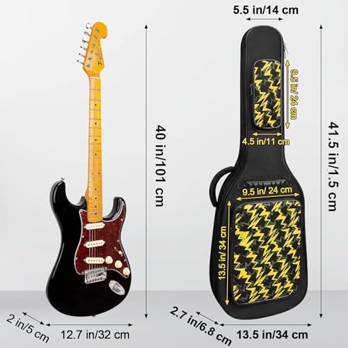LETSROCK 39 Inch Electric Guitar Bag Case Thick Padding with Neck Strap Adjustable Shoulder Strap Waterproof Yellow Lightning Shape&Black Electric Guitar Gig Bag, Yellow&black, 39 Inch, Modern