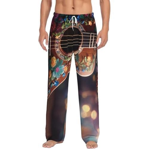 Pantalon de pyjama homme imprimé fleurs et guitare, idée cadeau idéale