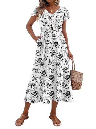 Image of Zeagoo Women's Summer Casual Dress Flutter Short Sleeve V Neck Button Down Tiered Flowy Long Dress with Pockets