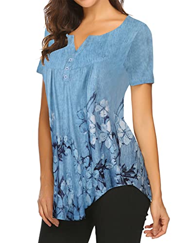 Halife Tops for Women Dressy Casual Plus Size Short Sleeve Henley Shirts V Neck Floral Blouses Blue 3x - Thumbnail 2