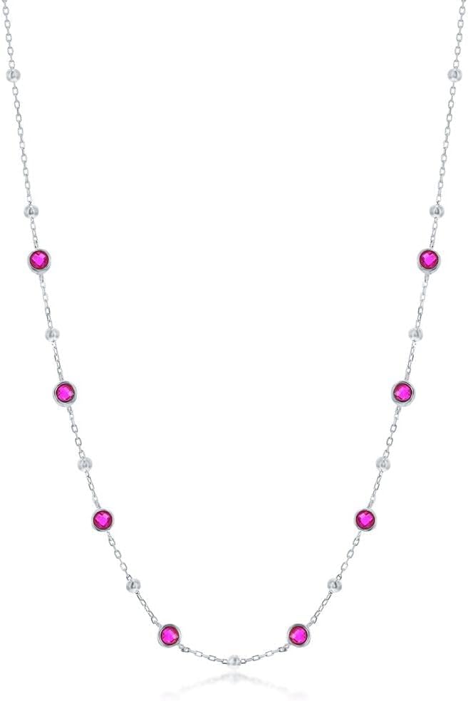 Bezel-Set Created Diamond/Emerald/Sapphire/Ruby 16+2" Beaded Station Necklace - Sterling Silver Jewelry for Women