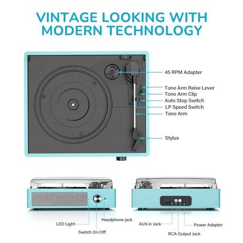Image of Vinyl Record Player with 2 Stereo Speakers Belt-Driven Vintage Turntables 3 Speed 3 Size Wireless Bluetooth Playback AUX-in RCA Out Headphone LP Vinyl Players Auto Stop Sky Blue