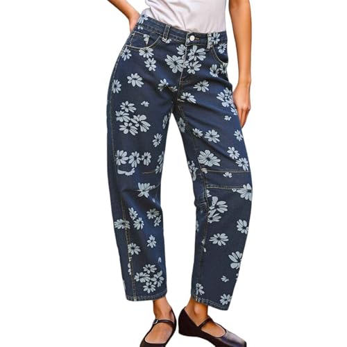 Womens Barrel Jeans Pants Casual Mid Rise Leopard Printed Baggy Ankle Pant Wide Leg Elastic Waisted Crop Denim Trouser2