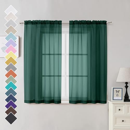 Image of OVZME Hunter Green Sheer Curtains 54 Inches Long 2 Panels - Soft Light Filtering Window Sheer Panels for Living Room /Bedroom, Top Dual Rod Pocket, 1 Pair, Each 42Wx54L Inches
