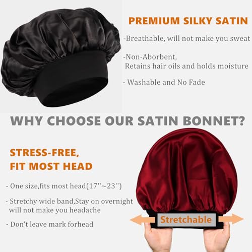 Image of Silk Bonnet for Hair, Adjustable Silk Hair Cap for Sleeping, Satin Bonnet for Curly Hair with Soft Wide Elastic Band, Satin Hair Bonnet For Men and Women(Red)