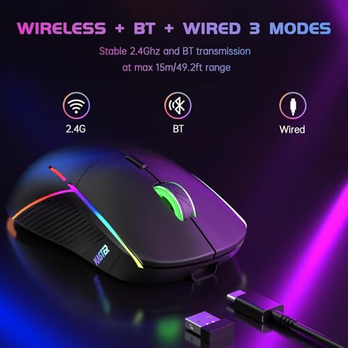 ffj wireless gaming mouse 24000 dpi tri-mode 24gusb-cbluetooth 53 gaming mouse wireless rgb programmable mouse gamer 75hrs battery life rechargeable gaming mice for pc mac ps5 xbox - black