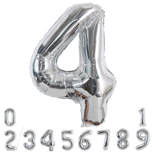 Image of TONIFUL 40 Inch Silver Number 4 Balloon Large Foil 4th Birthday Decorations | Silver 4 Balloon Number Four for 4th 24th 40th Birthday 4 Year Anniversary, Silver Birthday Decor for Men Women Boys Girls