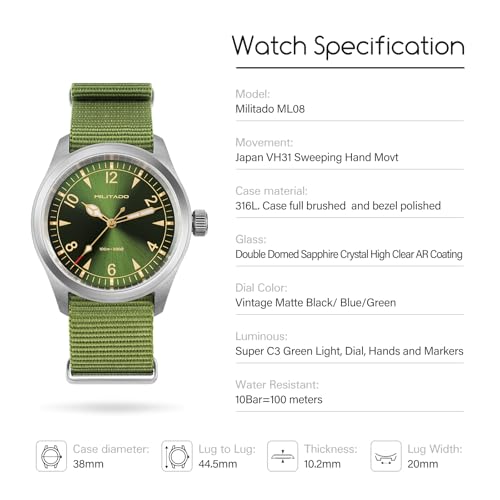 Image of TACTICAL FROG Militado ML08 Field Watch Japanese Sweep VH31 / 515 Movt with Calendar, Men's Military Watch Sapphire Crystal 10 ATM Waterproof Analog Watches for Men