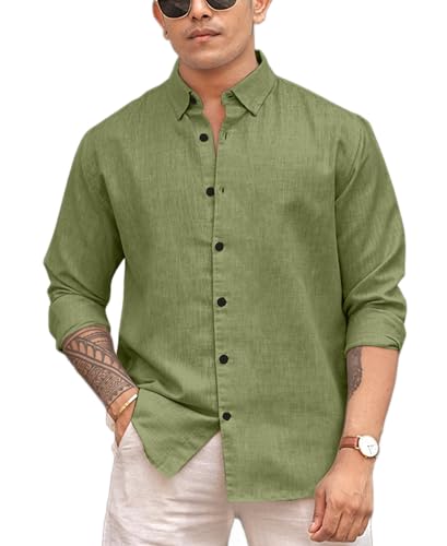 Image of Men's Solid Linen Blend Cotton Shirt | Full Sleeve Plain Shirt for Men | Regular Fit Casual & Formal Wear