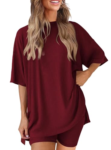 Mrskoala 2 Piece Sets for Women Workout Outfits Casual Set Summer Wine red L