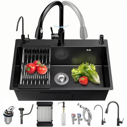 Fregadero de cocina de acero inoxidable, fregadero de cocina negro práctico, fregadero con juego de grifería, con escurridor de tazas, dispensador de jabón y conjunto de desagüe (50 x 45 cm)