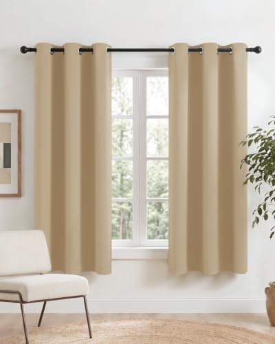 PONY DANCE Rideaux Salon de Fenêtre - Rideau Isolation Thermiques avec Oeillets pour Vieillard Bien Sommeil / Tissu Solid Lourd Polyester, L 106 x H 158cm, Jaune Beige, 2 Panneaux