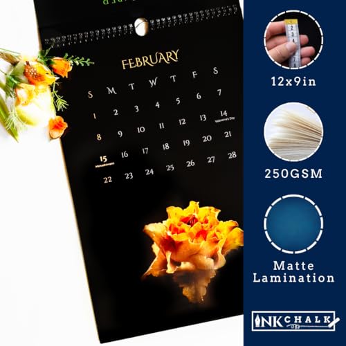 Image of 12 inchx9 inch Black & Bloom 2026 Wall Calendar | Vibrant Flowers on Pitch Black | Modern Botanical Art | Wiro-Bound | Indian Holidays Marked | Bold Home /Office Decor | Gloss Laminated