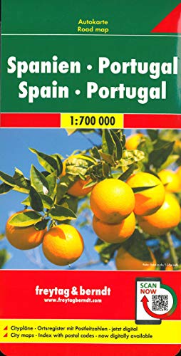 Spanien - Portugal, Autokarte 1:700.000: Citypläne, Entfernungen in km, Ortsregister mit Postleitza