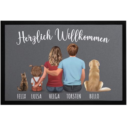 Fußmatte Familie personalisiert mit Figuren und Namen 1,2,3,4 Kinder Hund Katze rutschfest & waschbar Schwarz 60x40cm