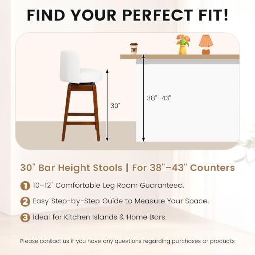 Image of COCO DESIGN 30 inch White Swivel Bar Height Stools Set of 2 with Wood Legs | Mid Century Modern Style, Smooth Swivel Design, Leather Upholstered Seat, Sturdy Solid Wood Legs, Bar Height For Island