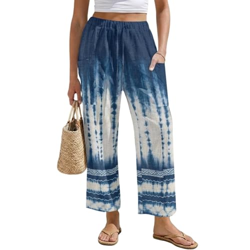 Guosanchn Tie Dye Linnen Pants for Women Blue Drawstring Linen Pants Casual Summer Beach Lounge Trousers Lightweight Travel Trousers 4XL