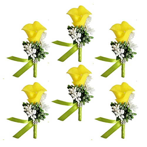 Ciandid Calla Lily Boutonnieres Set of 6, Groom Groomsman Best Man Boutonniere, Handmade Silk Flower for Wedding Ceremony Anniversary (Calla Lily-Yellow, 6pcs)