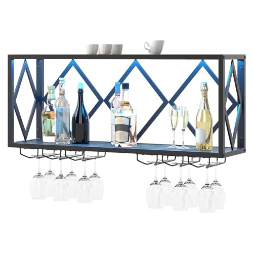 COSTWAY Porte-Bouteilles Mural Industriel Lumière LED, Étagère de Rangement pour 39 Bouteilles, 6 Rangées de Porte-Verres, Gain de Place pour Cuisine, Bar, Salle à Manger