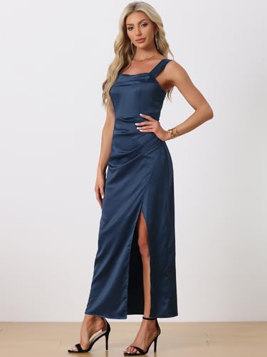 Allegra K Satin Dress for Women\'s Ruched Front Elegant Wedding Guest Wide Straps Party Split Maxi Dresses Small Navy Blue - Thumbnail 4