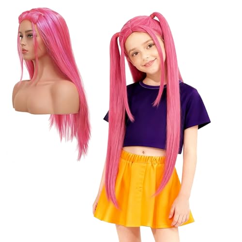 Peluca cosplay rosa fuerte con coletas largas que soluciona tu peinado de Halloween