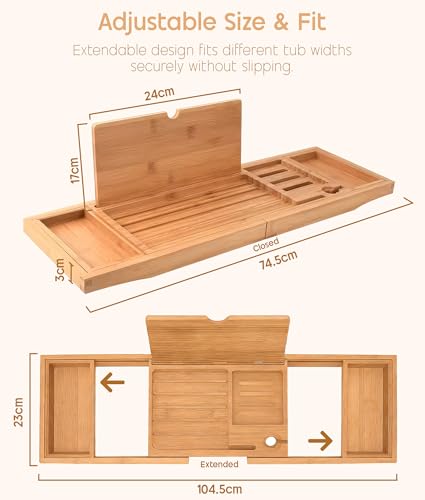 ADOV Badewannenablage, Erweiterbar Luxus Spa Bambus Holz Badewannenbrett mit Halter für Buch Tablet Telefon Glas und Kerze, Einstellbar Badewannentablett Caddy Brücke Passt Meisten Badewanne Größen