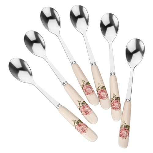 YOLIFE 6 Pcs Pink Rose Teaspoons, 6 Inches Stainless Steel