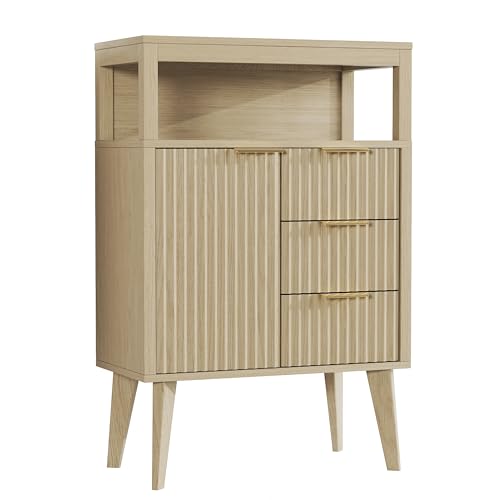 Image of Natural Wood Bathroom Floor Cabinet with 3 Fluted Drawers & Door, Modern Storage Sideboard with Open Shelf, Coffee Bar Station for Living Room, Entryway, 23.6 x 11.8 x 34.6 Inches