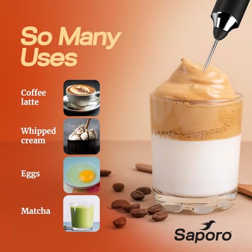 Image of Saporo FrothLite Electric Milk Frother, Rechargeable Handheld Frother with 3 Speed Settings, Stainless Steel Whisk Heads, Stand Design, for Coffee, Cappuccino, Latte, Matcha & Hot /Cold Milk