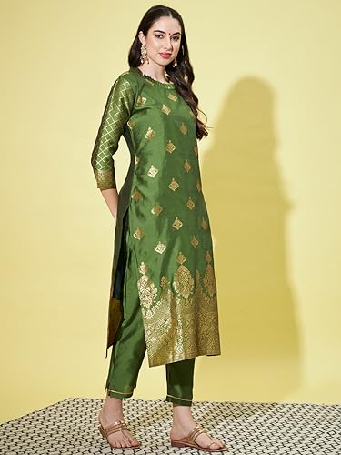 Image of VredeVogel Women's Cotton Silk Jacquard, Banarasi Silk Kurta Pant With Dupatta Set