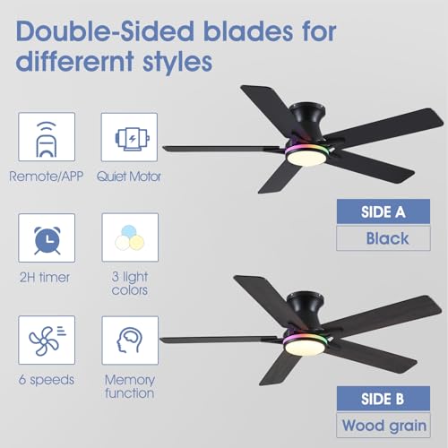 Image of 52 inch RGB Ceiling Fans with Lights and Remote /APP,Black Low Profile Ceiling Fans,Modern Flush Mount Ceiling Fans for Bedroom Kids Room